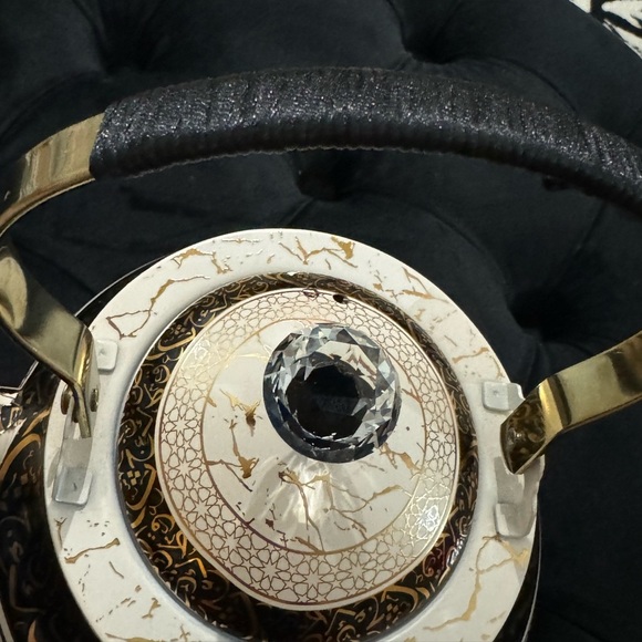 Ornate Unique Arabic Style Tea Kettle Black Cream Gold Patterned Vintage Look - Picture 2 of 16